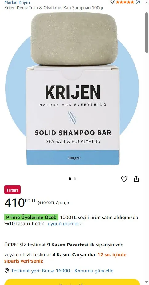 Krijen Deniz Tuzu & Okaliptus Katı Şampuan 100gr