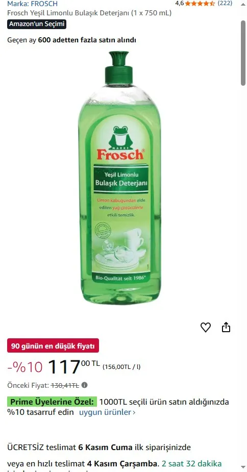 Frosch Yeşil Limonlu Bulaşık Deterjanı (1 x 750 mL)