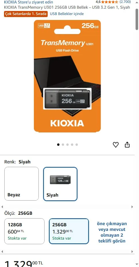 KIOXIA TransMemory U301 256GB USB Bellek – USB 3.2 Gen 1, Siyah