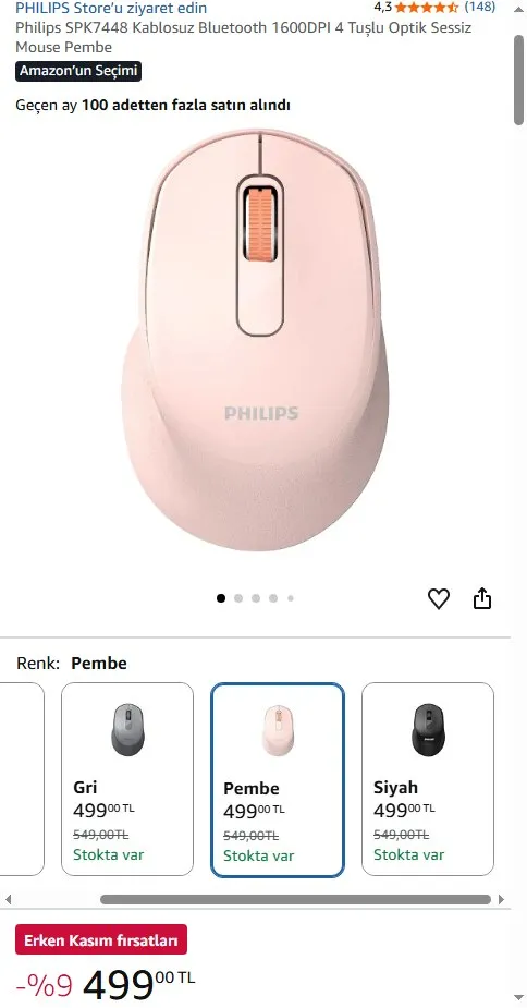 Philips SPK7448 Kablosuz Bluetooth 1600DPI 4 Tuşlu Optik Sessiz Mouse Pembe