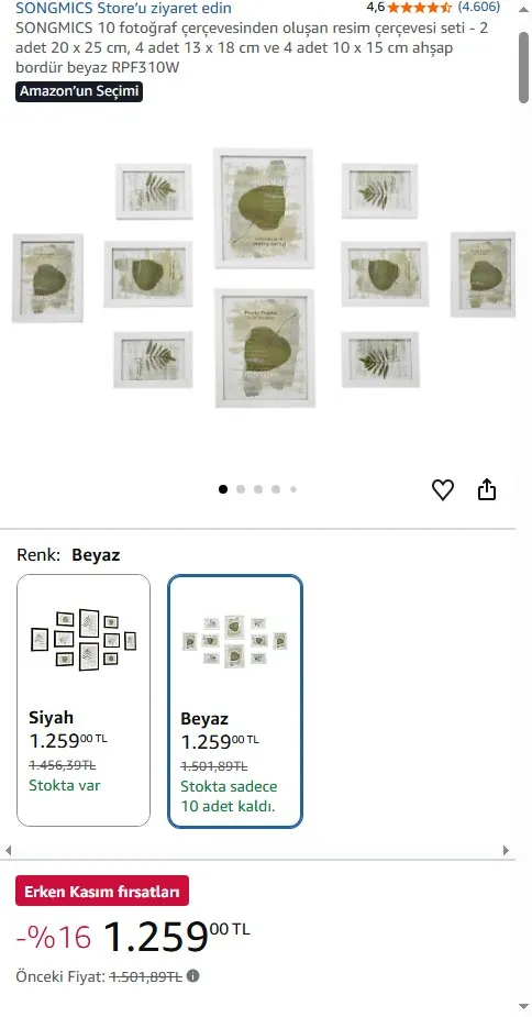 SONGMICS 10 fotoğraf çerçevesinden oluşan resim çerçevesi seti - 2 adet 20 x 25 cm, 4 adet 13 x 18 cm ve 4 adet 10 x 15 cm ahşap bordür beyaz RPF310W