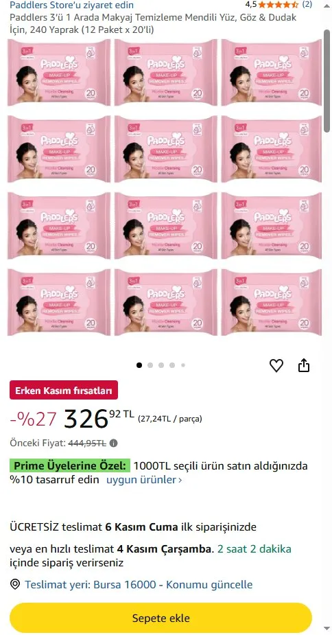 Paddlers 3’ü 1 Arada Makyaj Temizleme Mendili Yüz, Göz & Dudak İçin, 240 Yaprak (12 Paket x 20’li)