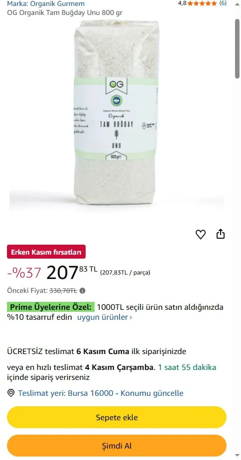 OG Organik Tam Buğday Unu 800 gr