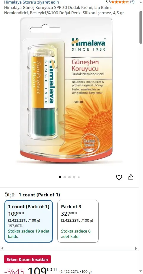 Himalaya Güneş Koruyucu SPF 30 Dudak Kremi, Lip Balm, Nemlendirici, Besleyici,%100 Doğal Renk, Silikon İçermez, 4,5 gr