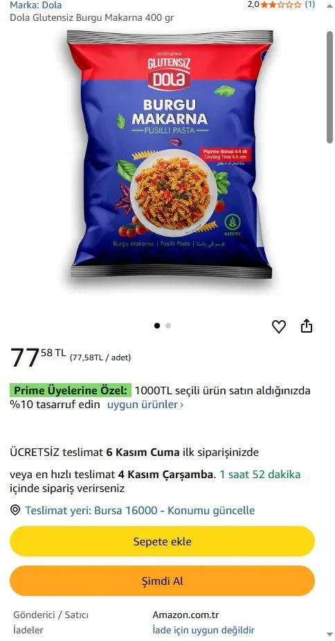 Dola Glutensiz Burgu Makarna 400 gr