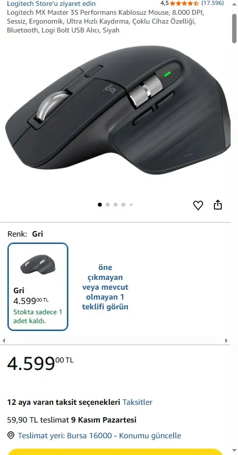 Logitech MX Master 3S Performans Kablosuz Mouse, 8.000 DPI, Sessiz, Ergonomik, Ultra Hızlı Kaydırma, Çoklu Cihaz Özelliği, Bluetooth, Logi Bolt USB Alıcı, Siyah