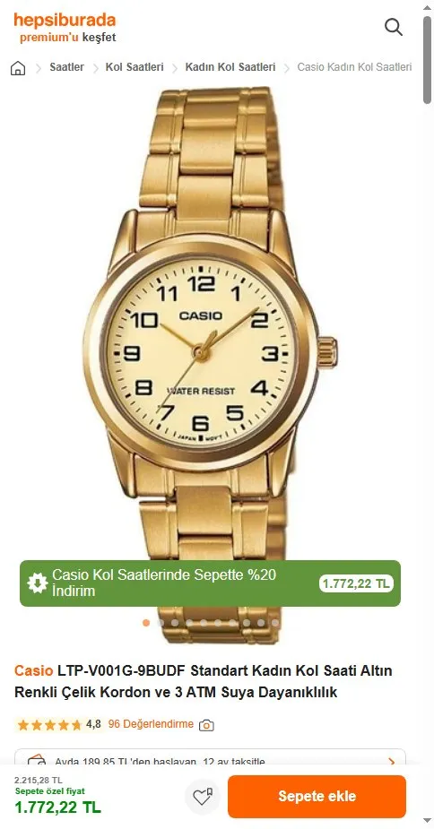Casio LTP-V001G-9BUDF Standart Kadın Kol Saati Altın Renkli Çelik Kordon ve 3 ATM Suya Dayanıklılık