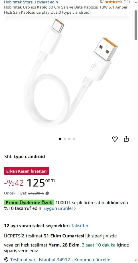 Hobimtek Usb ios Kablo 30 Cm Şarj ve Data Kablosu 18W 3.1 Amper Hızlı Şarj Kablosu carplay Qc3.0 (type c android)