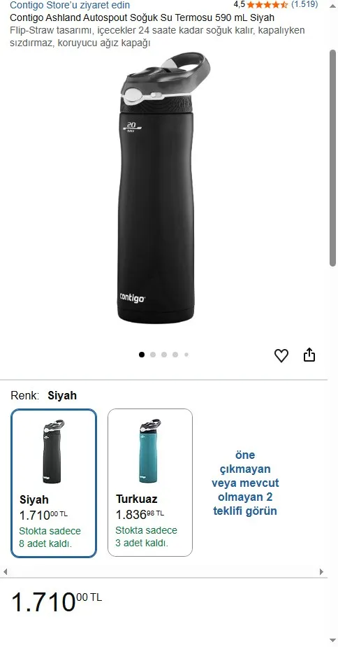 Contigo Ashland Autospout Soğuk Su Termosu 590 mL Siyah