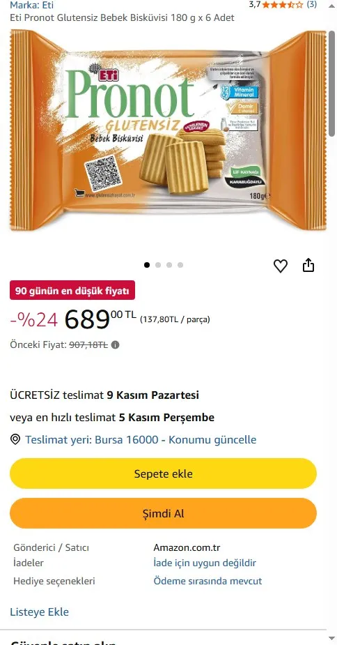 Eti Pronot Glutensiz Bebek Bisküvisi 180 g x 6 Adet