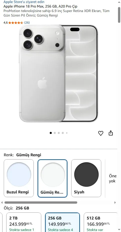 Apple iPhone 18 Pro Max, 256 GB, A20 Pro Çip