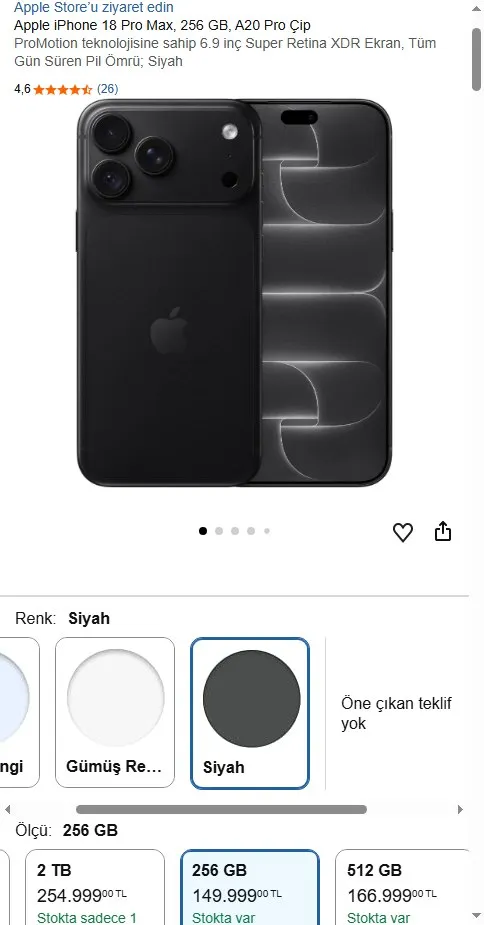 Apple iPhone 18 Pro Max, 256 GB, A20 Pro Çip