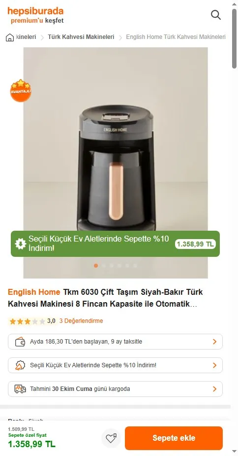 English Home Tkm 6030 Çift Taşım Siyah-Bakır Türk Kahvesi Makinesi 8 Fincan Kapasite ile Otomatik Kapanma