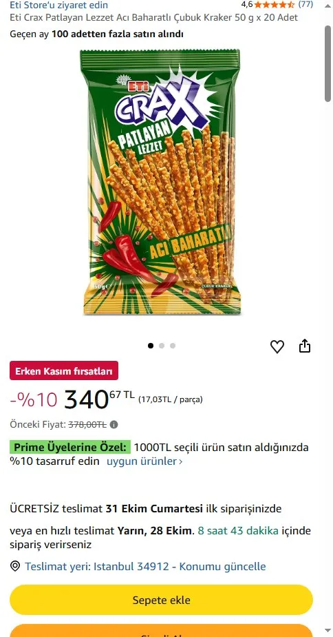 Eti Crax Patlayan Lezzet Acı Baharatlı Çubuk Kraker 50 g x 20 Adet