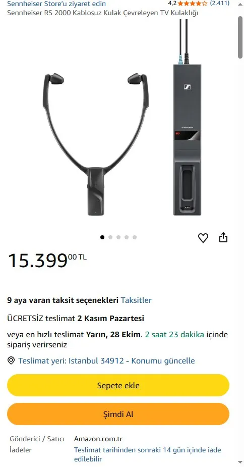 Sennheiser RS 2000 Kablosuz Kulak Çevreleyen TV Kulaklığı