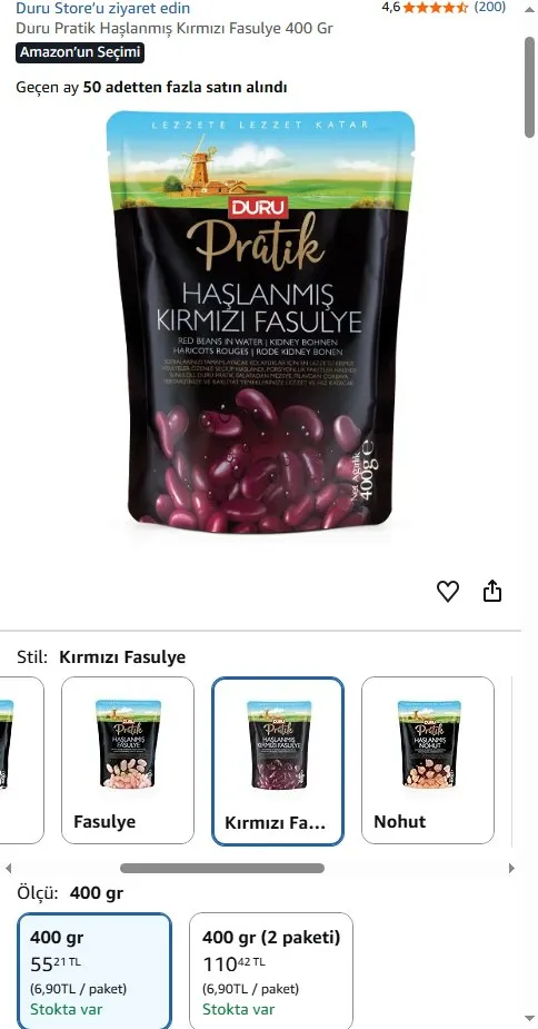 Duru Pratik Haşlanmış Kırmızı Fasulye 400 Gr