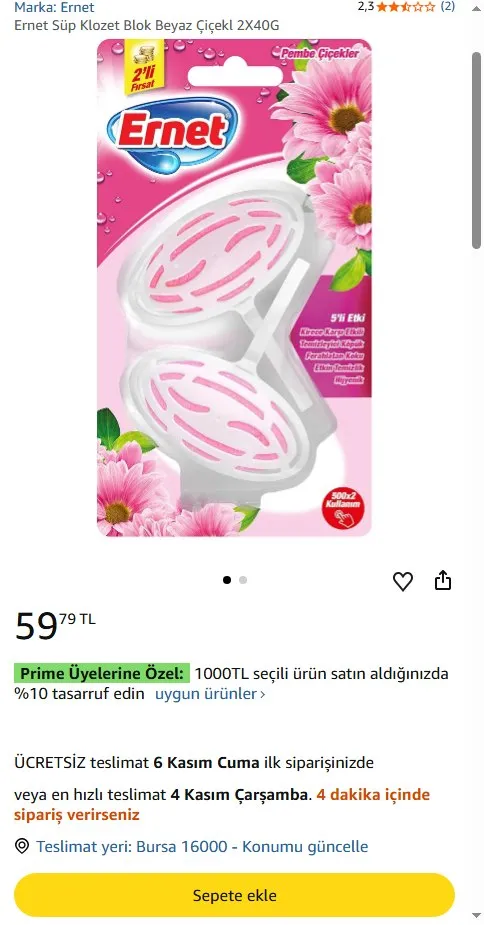Ernet Süp Klozet Blok Beyaz Çiçekl 2X40G