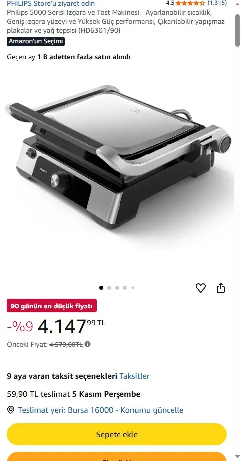 Philips 5000 Serisi Izgara ve Tost Makinesi - Ayarlanabilir sıcaklık, Geniş ızgara yüzeyi ve Yüksek Güç performansı, Çıkarılabilir yapışmaz plakalar ve yağ tepsisi (HD6301/90)