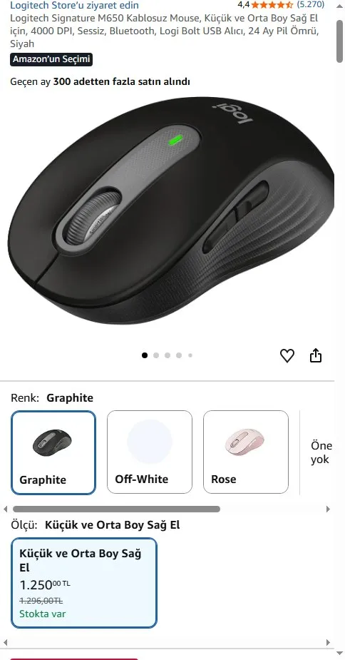 Logitech Signature M650 Kablosuz Mouse, Küçük ve Orta Boy Sağ El için, 4000 DPI, Sessiz, Bluetooth, Logi Bolt USB Alıcı, 24 Ay Pil Ömrü, Siyah