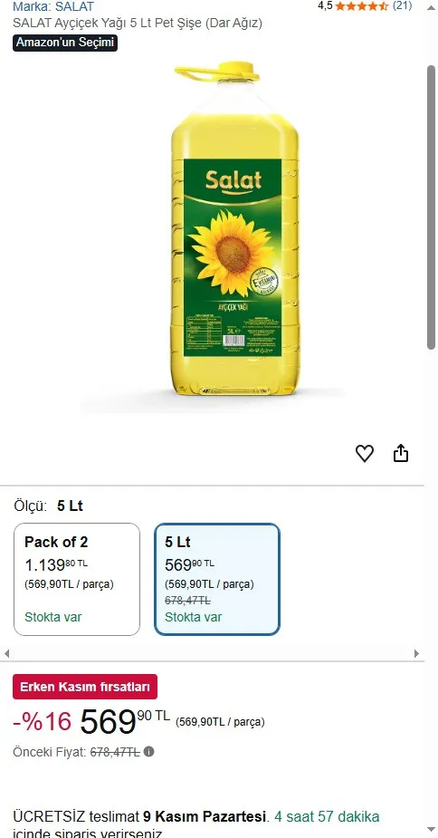 SALAT Ayçiçek Yağı 5 Lt Pet Şişe (Dar Ağız)