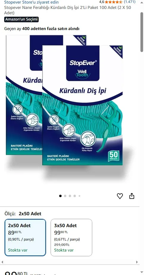 Stopever Nane Ferahlığı Kürdanlı Diş İpi 2'Li Paket 100 Adet (2 X 50 Adet)