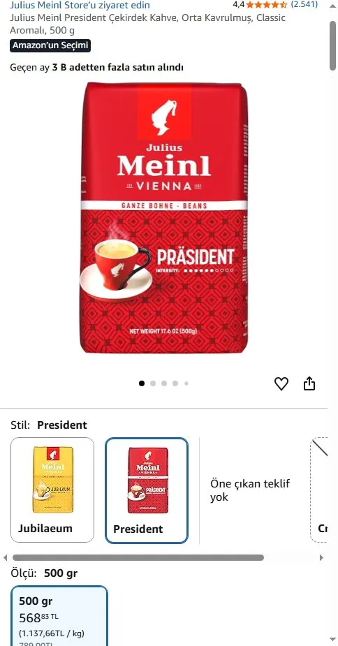Julius Meinl President Çekirdek Kahve, Orta Kavrulmuş, Classic Aromalı, 500 g