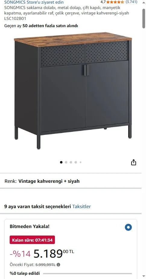 SONGMICS saklama dolabı, metal dolap, çift kapılı, manyetik kapatma, ayarlanabilir raf, çelik çerçeve, vintage kahverengi-siyah LSC102B01