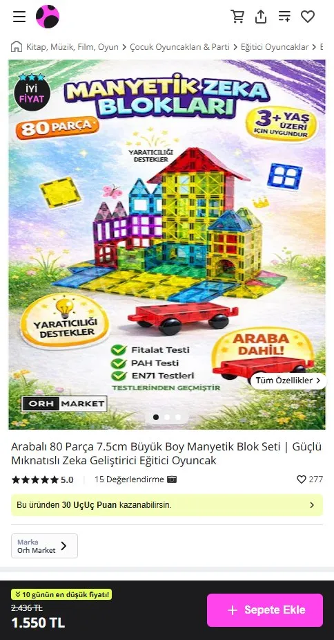 Arabalı 80 Parça 7.5cm Büyük Boy Manyetik Blok Seti | Güçlü Mıknatıslı Zeka Geliştirici Eğitici Oyuncak