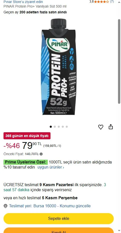PINAR Protein Pro+ Vanilyalı Süt 500 ml