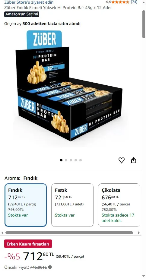 Züber Fındık Ezmeli Yüksek Hi Protein Bar 45g x 12 Adet