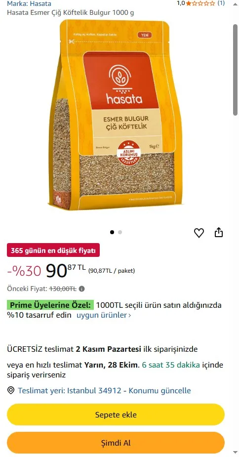 Hasata Esmer Çiğ Köftelik Bulgur 1000 g