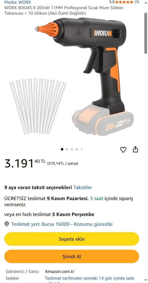 WORX WX045.9 20Volt 11MM Profesyonel Sıcak Mum Silikon Tabancası + 10 Silikon (Akü Dahil Değildir)