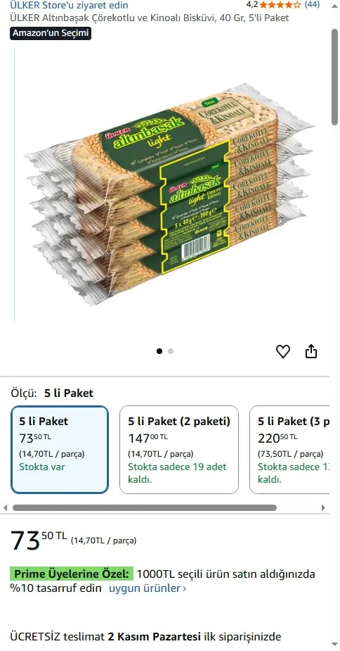 ÜLKER Altınbaşak Çörekotlu ve Kinoalı Bisküvi, 40 Gr, 5'li Paket