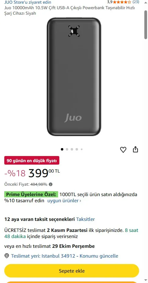 Juo 10000mAh 10.5W Çift USB-A Çıkışlı Powerbank Taşınabilir Hızlı Şarj Cihazı Siyah