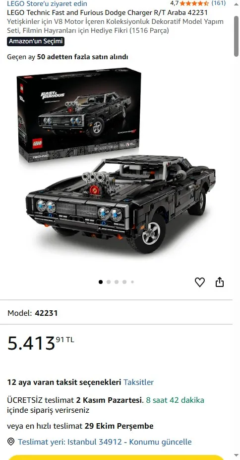 LEGO Technic Fast and Furious Dodge Charger R/T Araba 42231