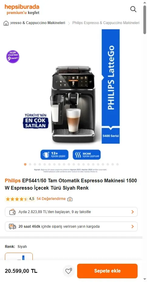 Philips EP5441/50 Tam Otomatik Espresso Makinesi 1500 W Espresso İçecek Türü Siyah Renk