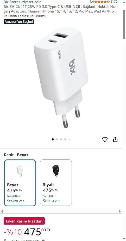 Bix ZH-2U41T 25W PD 3.0 Type-C & USB-A Çift Bağlantı Noktalı Hızlı Şarj Adaptörü, Huawei, iPhone 15/14/13/12/Pro Max, iPad Air/Pro ve Daha Fazlası ile Uyumlu