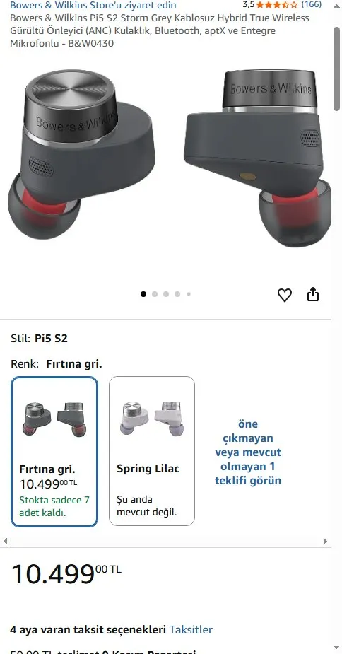 Bowers & Wilkins Pi5 S2 Storm Grey Kablosuz Hybrid True Wireless Gürültü Önleyici (ANC) Kulaklık, Bluetooth, aptX ve Entegre Mikrofonlu - B&W0430