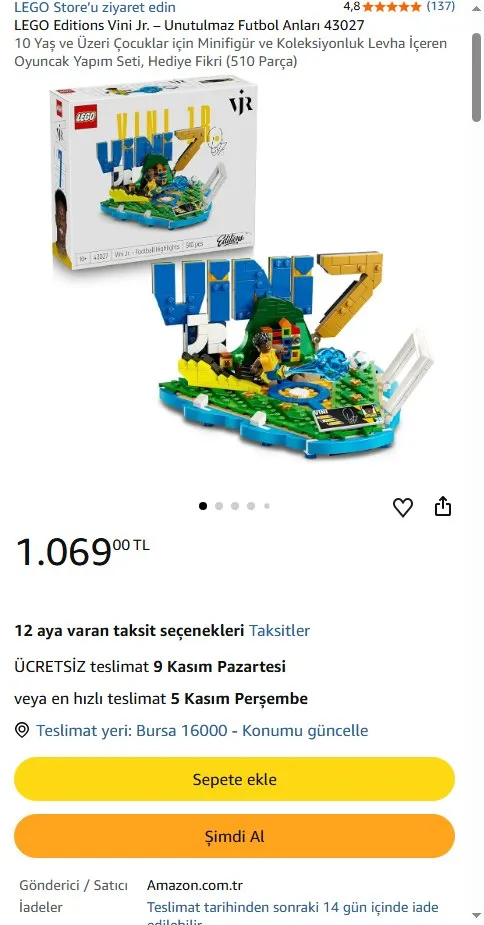 LEGO Editions Vini Jr. – Unutulmaz Futbol Anları 43027