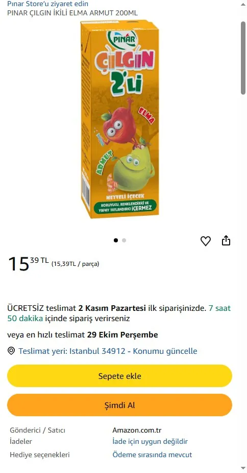 PINAR ÇILGIN İKİLİ ELMA ARMUT 200ML