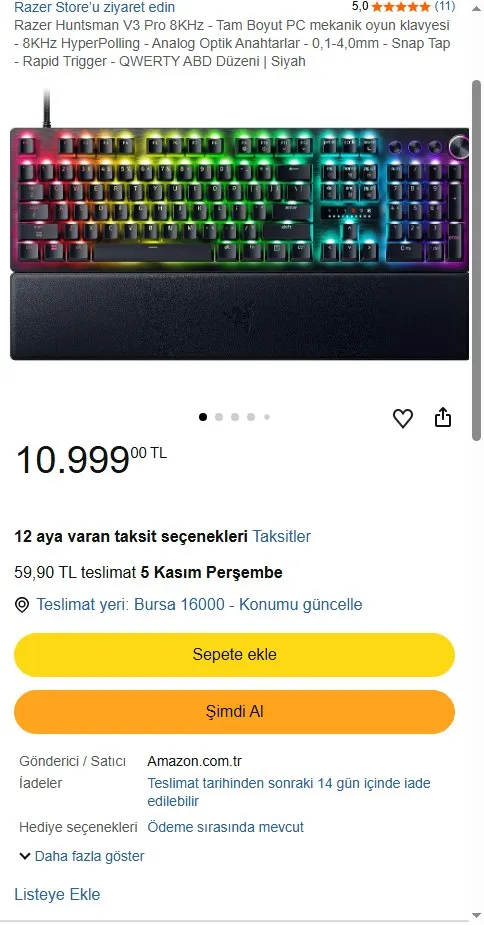 Razer Huntsman V3 Pro 8KHz - Tam Boyut PC mekanik oyun klavyesi - 8KHz HyperPolling - Analog Optik Anahtarlar - 0,1-4,0mm - Snap Tap - Rapid Trigger - QWERTY ABD Düzeni | Siyah