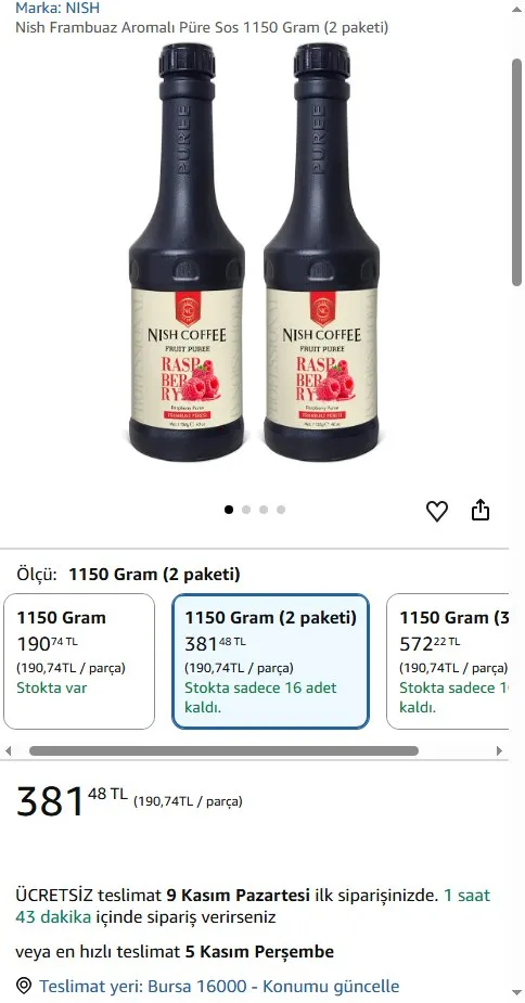 Nish Frambuaz Aromalı Püre Sos 1150 Gram (2 paketi)