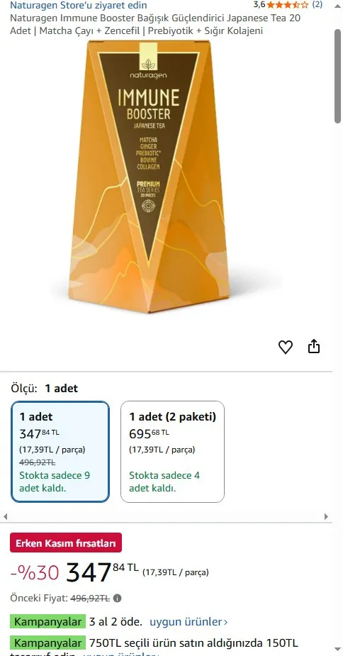 Naturagen Immune Booster Bağışık Güçlendirici Japanese Tea 20 Adet | Matcha Çayı + Zencefil | Prebiyotik + Sığır Kolajeni