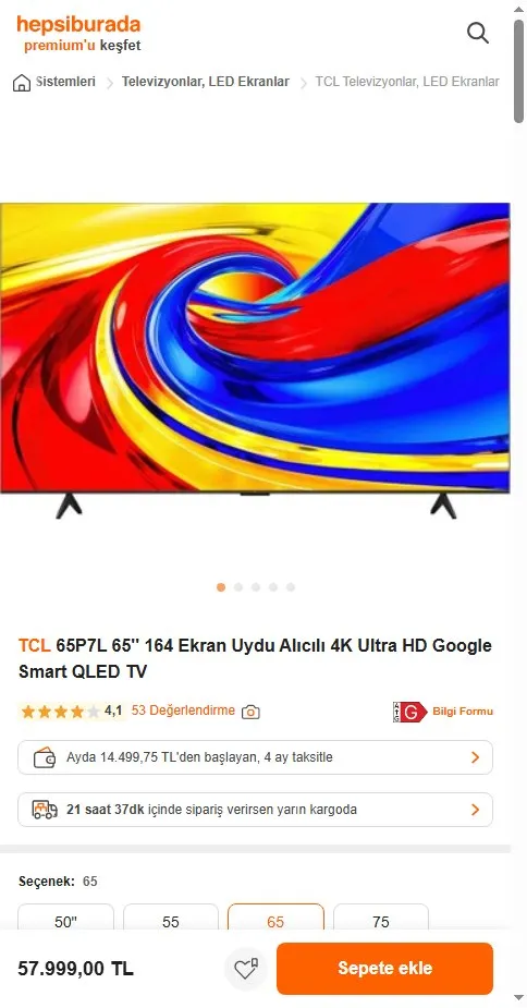TCL 65P7L 65'' 164 Ekran Uydu Alıcılı 4K Ultra HD Google Smart QLED TV