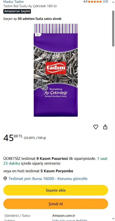 Tadım Bol Tuzlu Ay Çekirdek 180 Gr