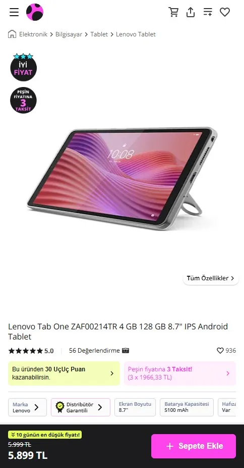 Lenovo Tab One ZAF00214TR 4 GB 128 GB 8.7" IPS Android Tablet