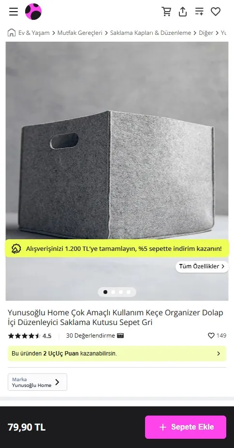 Yunusoğlu Home Çok Amaçlı Kullanım Keçe Organizer Dolap İçi Düzenleyici Saklama Kutusu Sepet Gri