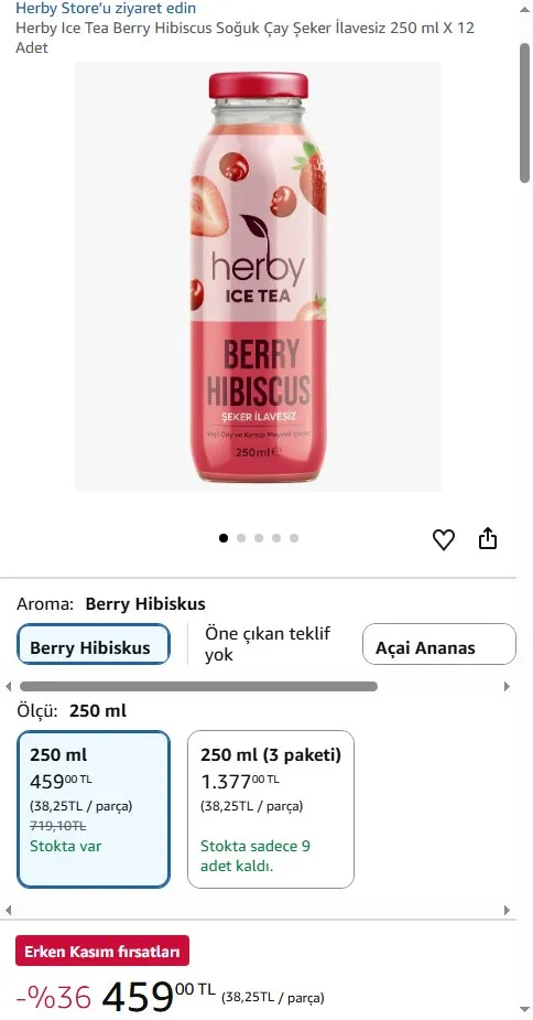 Herby Ice Tea Berry Hibiscus Soğuk Çay Şeker İlavesiz 250 ml X 12 Adet