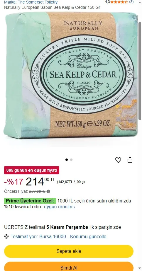 Naturally European Sabun Sea Kelp & Cedar 150 Gr