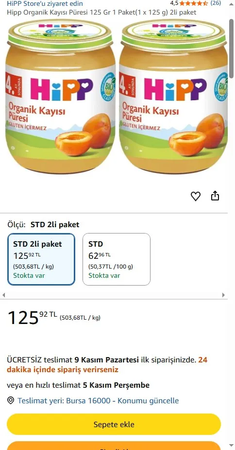 Hipp Organik Kayısı Püresi 125 Gr 1 Paket(1 x 125 g) 2li paket